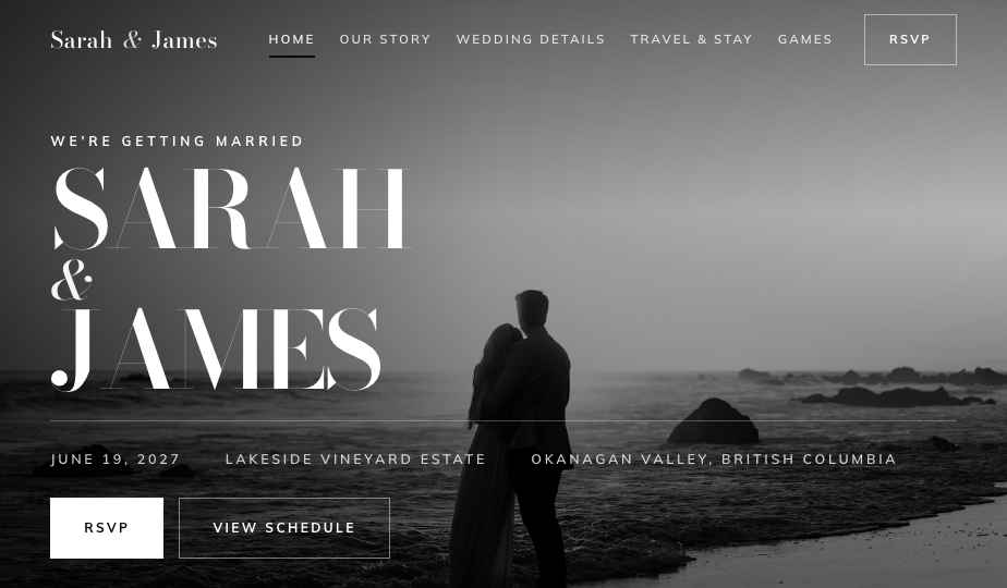 Homepage of the Sarah and James sample wedding website